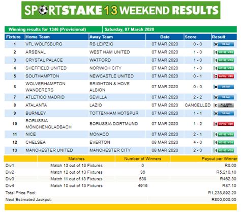 sportstake results and payouts weekend.